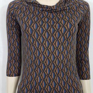 Boden brown black blue graphic print 3/4 sleeve cowl neck blouse shirt ladies 6
